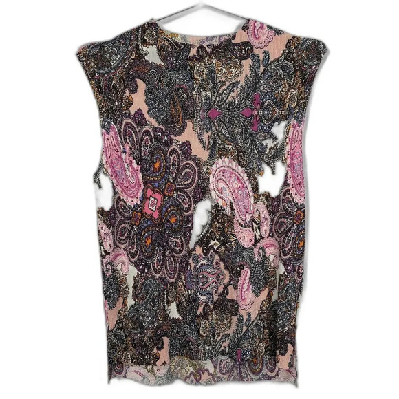 mandee Tops - Pink Paisley Ribbed Short Sleeve Top Sleeveless Girly Stretchy Shirt Large